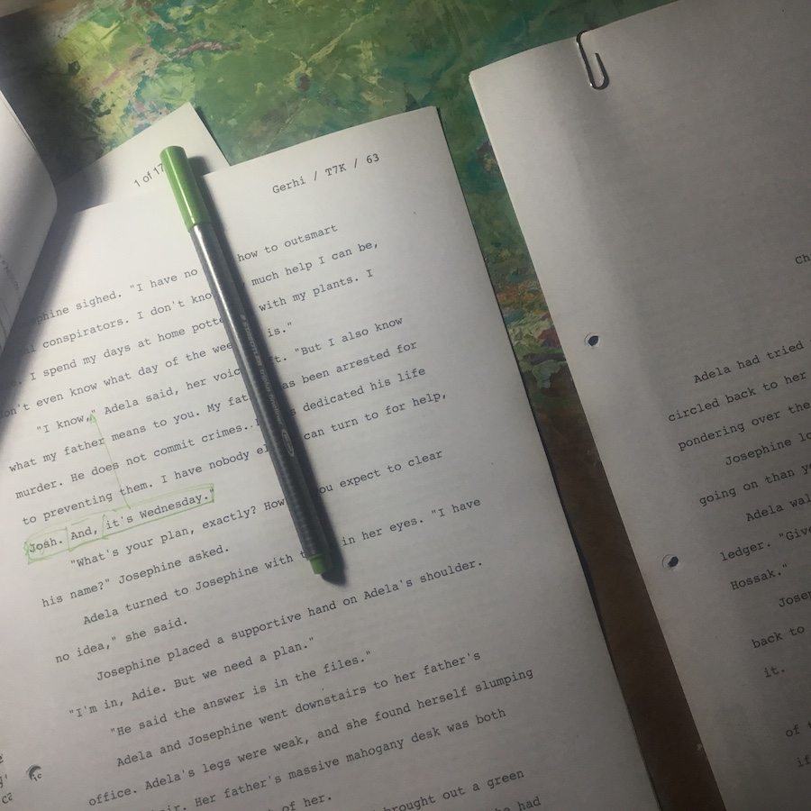 Gerhi Janse van Vuuren's writing desk with manuscript pages from The Seventh Kill