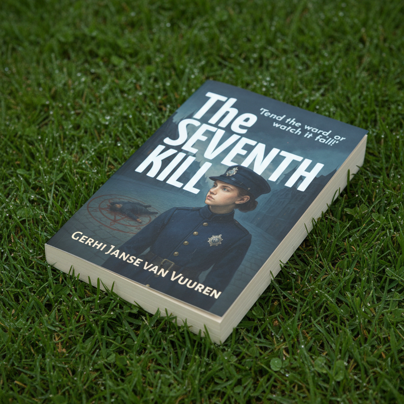 The Seventh Kill paperback mock-up on grass